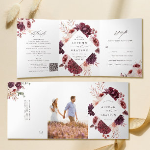 Convite Com Dobra Tripla Código QR Autumn Romance Watercolor Casamento Flor