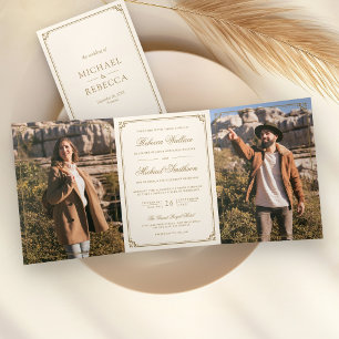 Convite Com Dobra Tripla Código QR Casamento Creme Dourado Foto Minimalista