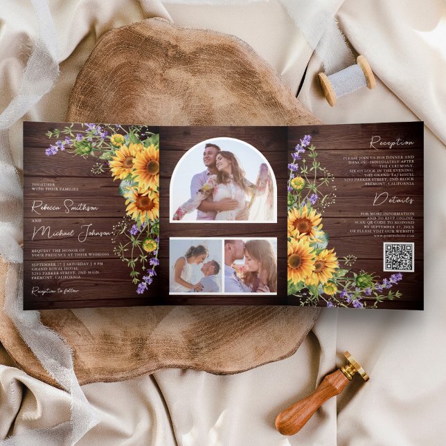 Convite Com Dobra Tripla Código QR Casamento Girassóis Lavanda Madeira Rúst (Criador carregado)