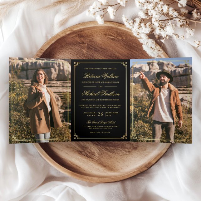 Convite Com Dobra Tripla Código QR Casamento Preto Dourado Fotografia Minim (Criador carregado)