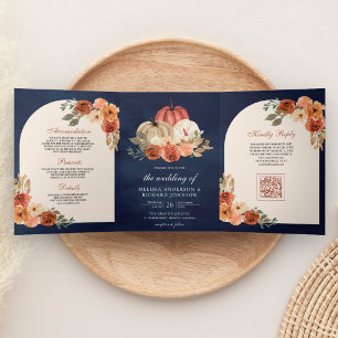 Convite Com Dobra Tripla Código QR de Abóbora Floral Laranja Queimada Casam