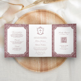 Convite Com Dobra Tripla Código QR de Casamento Católico Rosa Empoeirado Vi