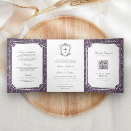 Convite Com Dobra Tripla Código QR de Casamento Católico Roxo Empoeirado Vi