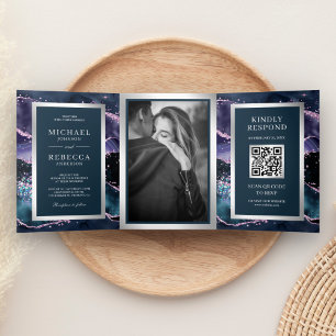 Convite Com Dobra Tripla Código QR de Casamento com Mármore de Ágata Azul e