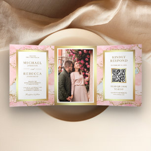 Convite Com Dobra Tripla Código QR de Casamento com Mármore de Ágata em Tom
