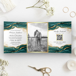 Convite Com Dobra Tripla Código QR de Casamento com Tinta Abstrata Dourada 