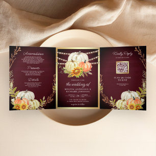 Convite Com Dobra Tripla Código QR de Casamento de Abóbora de Girassol de M