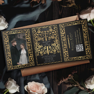 Convite Com Dobra Tripla Código QR de Casamento de Espada Real Medieval Neg