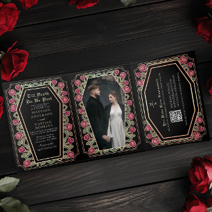 Convite Com Dobra Tripla Código QR de Casamento Gótico Preto Rosa
