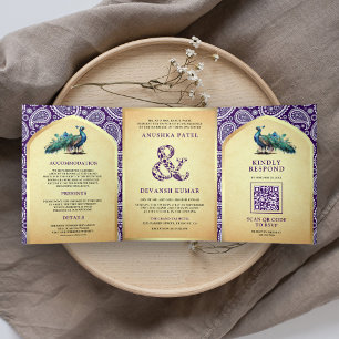 Convite Com Dobra Tripla Código QR de Casamento Indiano Pavão Roxo Paisley