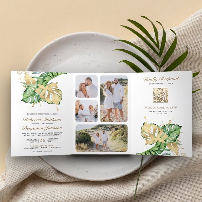Convite Com Dobra Tripla Código QR de Casamento Monstera Tropical Palma Dou (Criador carregado)