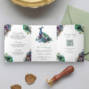 Convite Com Dobra Tripla Código QR de Casamento Pena Floral Pavão Aquarela