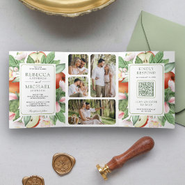 Convite Com Dobra Tripla Código QR de Casamento Pomar de Maçã Vermelha Flor