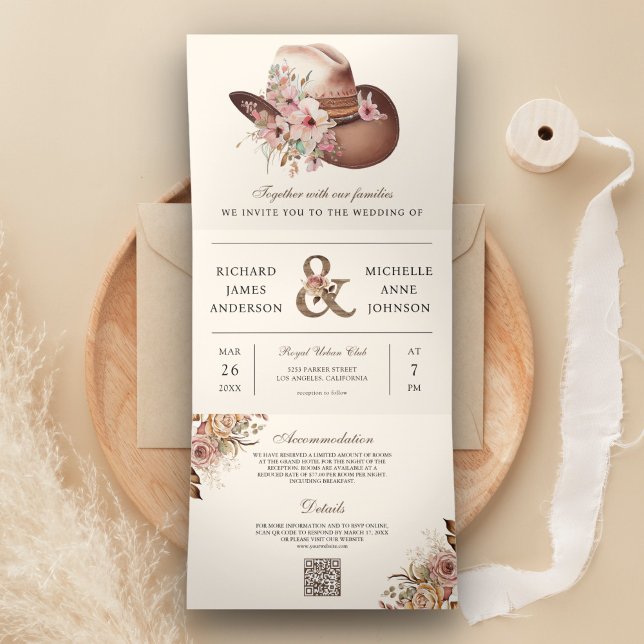 Convite Com Dobra Tripla Código QR de Chapéu Floral Western Rustico para Ca (Criador carregado)