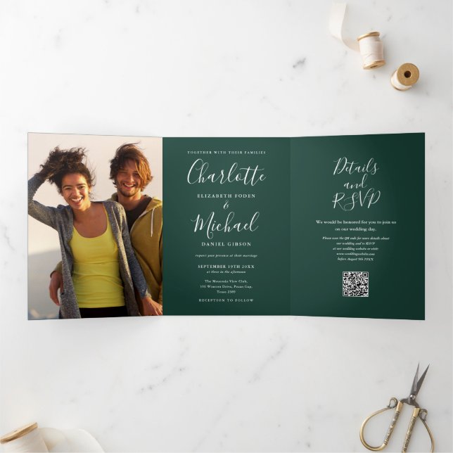 Convite Com Dobra Tripla Código QR de Foto da Assinatura 2 Casamento Esmera (Dentro)