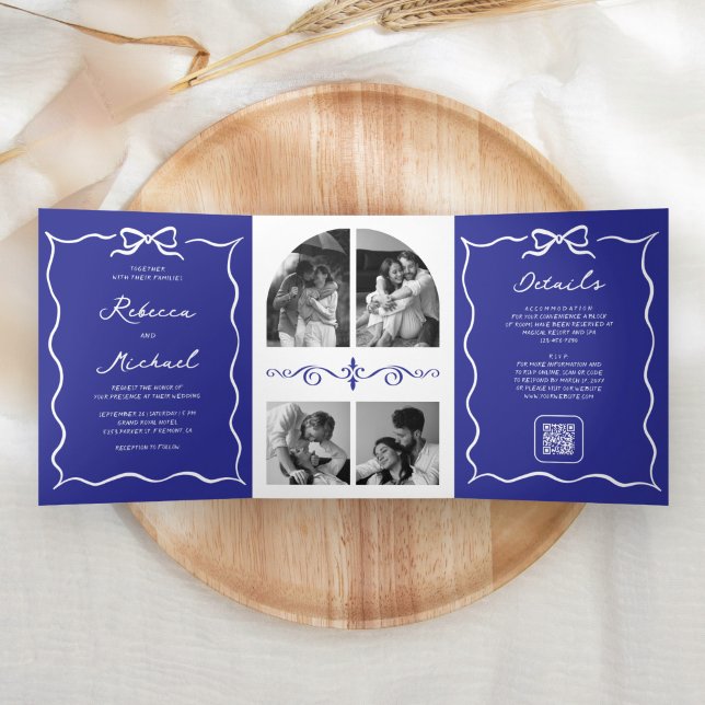 Convite Com Dobra Tripla Código QR de Foto de Casamento com Arco Branco Des (Criador carregado)