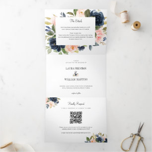 Convite Com Dobra Tripla Código QR de Foto de Casamento Floral Cor-de-Rosa-