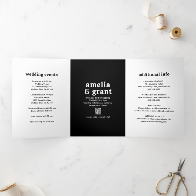 Convite Com Dobra Tripla Código QR de Foto de Casamento Moderno com Fonte R (Dentro)