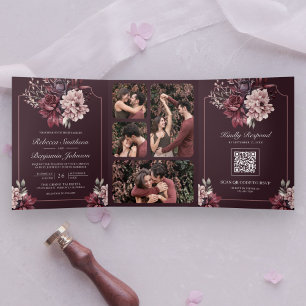 Convite Com Dobra Tripla Código QR de Moldura Floral Malva Escura para Casa