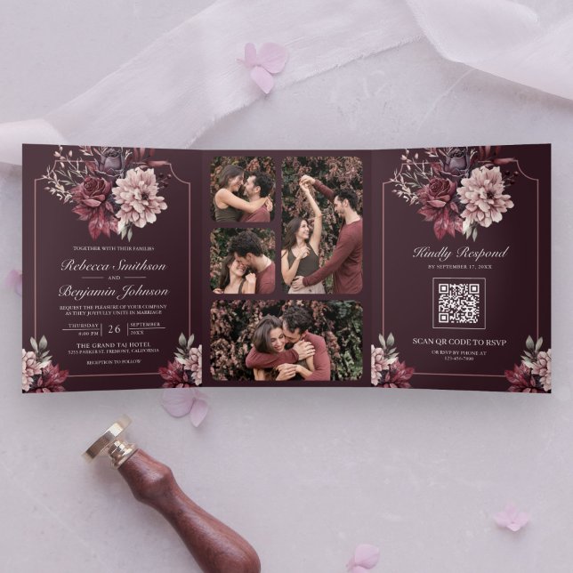 Convite Com Dobra Tripla Código QR de Moldura Floral Malva Escura para Casa (Criador carregado)