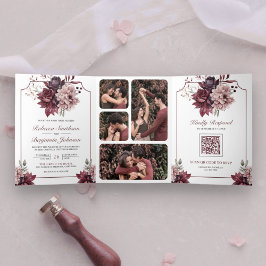 Convite Com Dobra Tripla Código QR de Moldura Floral Rosa Poeirento Borgonh