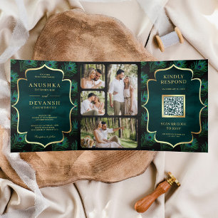 Convite Com Dobra Tripla Código QR de Noiva com Penas de Pavão Preto Turque