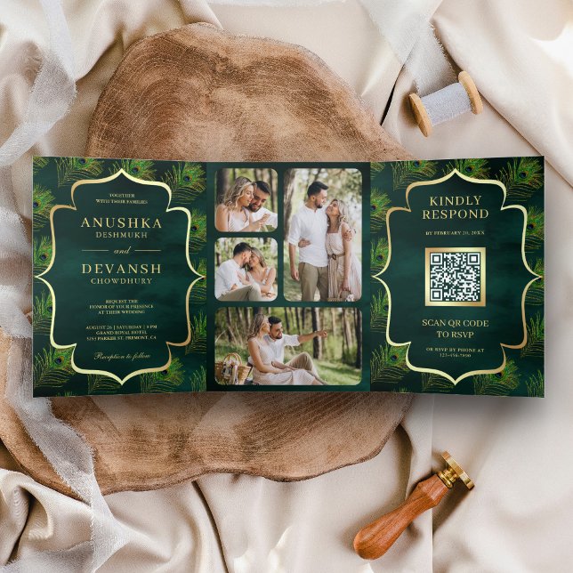 Convite Com Dobra Tripla Código QR de Noiva com Penas de Pavão Verde Esmera (Criador carregado)