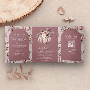 Convite Com Dobra Tripla Código QR Floral Abóbora Neutra Rosa Po dusty Rose