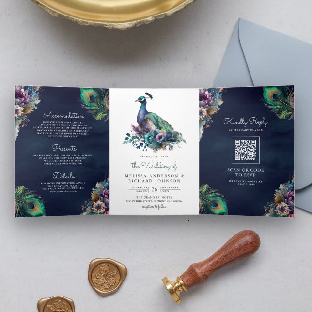 Convite Com Dobra Tripla Código QR Floral Pena de Pavão Azul Marinho Casame (Criador carregado)