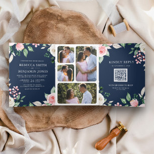 Convite Com Dobra Tripla Código QR Floral Rosa Bege Azul Marinho Casamento