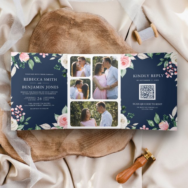 Convite Com Dobra Tripla Código QR Floral Rosa Bege Azul Marinho Casamento (Criador carregado)