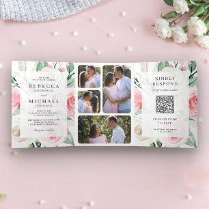 Convite Com Dobra Tripla Código QR Floral Rosa Bege Marfim Rústico Casament