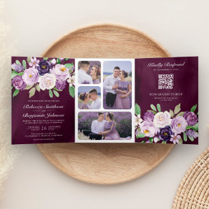 Convite Com Dobra Tripla Código QR Floral Roxo Casamento Moody Plum Escuro