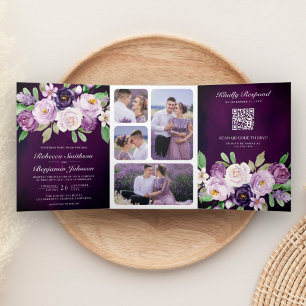 Convite Com Dobra Tripla Código QR Floral Roxo de Berinjela Casamento Sombr