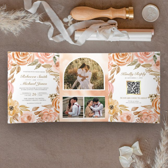 Convite Com Dobra Tripla Código QR Floral Rústico Terroso Outono Casamento (Criador carregado)