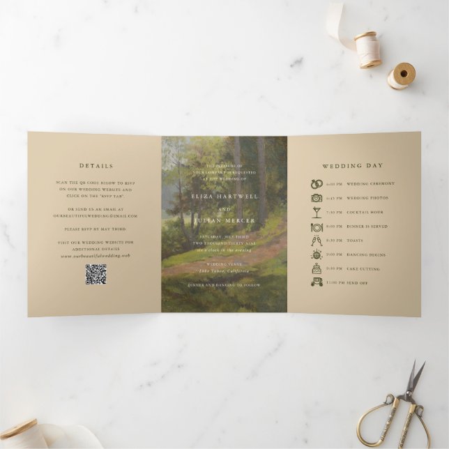 Convite Com Dobra Tripla Código QR Floresta Rústica Casamento Elegante (Dentro)