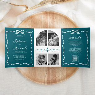 Convite Com Dobra Tripla Código QR Foto de Casamento Arco Branco Desenhado