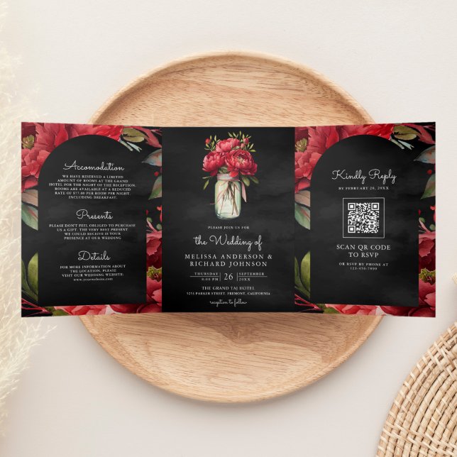 Convite Com Dobra Tripla Código QR Jarra de Mason Peônia Vermelha Casamento (Criador carregado)
