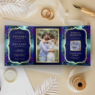 Convite Com Dobra Tripla Código QR Mandala Azul Galáxia Verde-água Casament