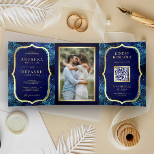 Convite Com Dobra Tripla Código QR Mandala da Galáxia Azul Real Casamento I