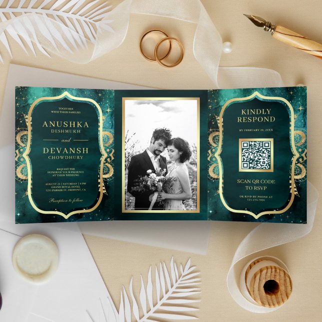 Convite Com Dobra Tripla Código QR Mandala Dourado Galáxia Turquesa Casamen (Criador carregado)