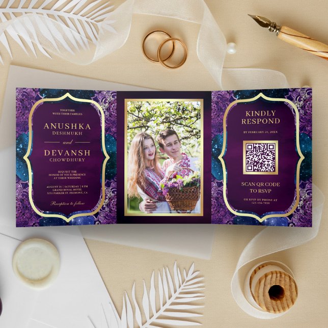 Convite Com Dobra Tripla Código QR Mandala Roxa Galáxia Azul Casamento Indi (Criador carregado)