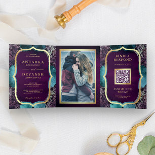 Convite Com Dobra Tripla Código QR Mandala Roxo Galáxia Turquesa Casamento