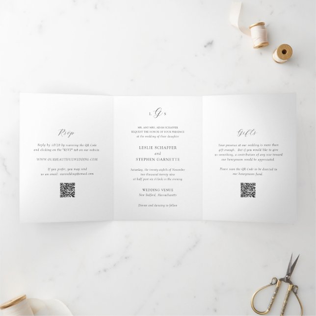 Convite Com Dobra Tripla Código QR Preto e Branco Atemporal Casamento Elega (Dentro)