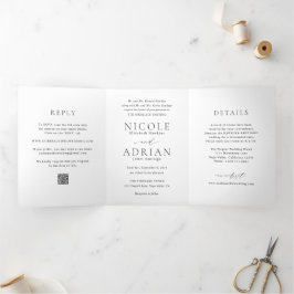 Convite Com Dobra Tripla Código QR Preto e Branco Clássico Casamento Elegan