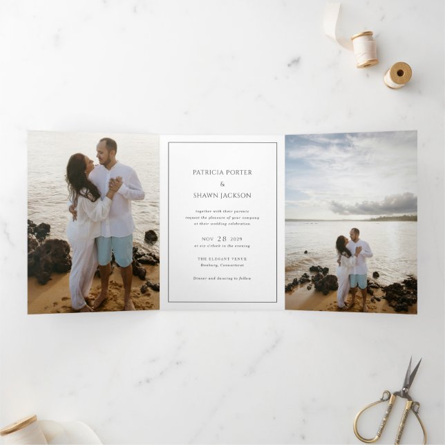 Convite Com Dobra Tripla Código QR Preto e Branco Simples Casamento Elegant (Dentro)