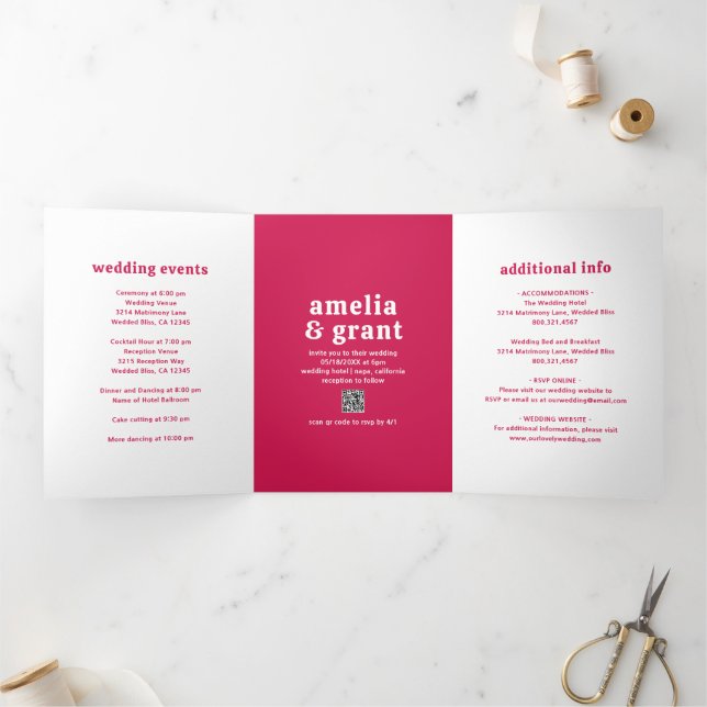 Convite Com Dobra Tripla Código QR Rosa Quente Fonte Retro Foto Casamento M (Dentro)