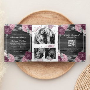 Convite Com Dobra Tripla Código QR Rosa Roxo Rosa Violeta Empoeirado Madeir