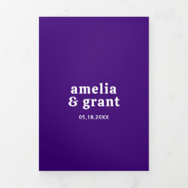 Convite Com Dobra Tripla Código QR Roxo Fonte Retro Foto Casamento Moderno