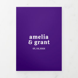 Convite Com Dobra Tripla Código QR Roxo Fonte Retro Foto Casamento Moderno